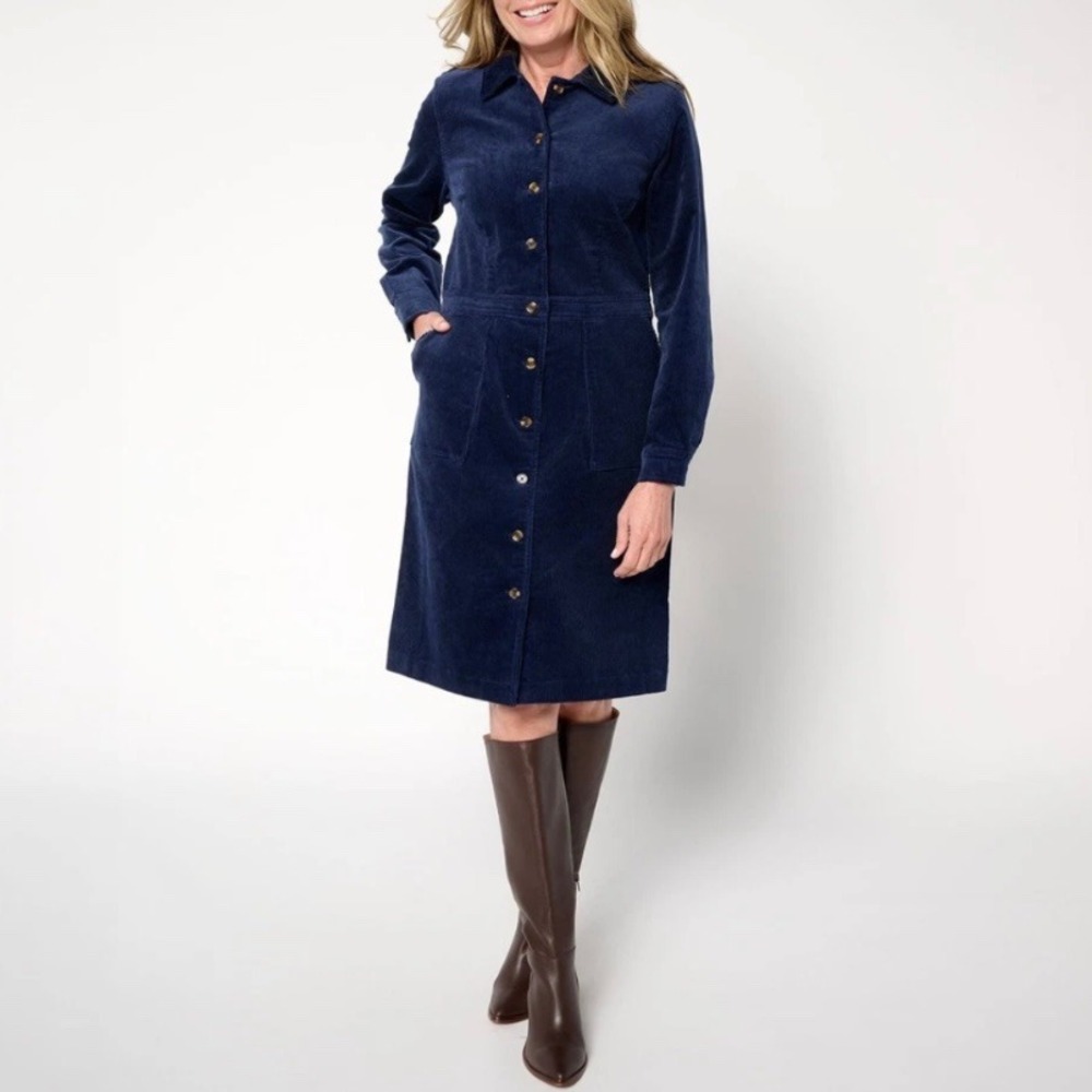 Joan Rivers Navy Blue Corduroy Button Front Long Sleeve Shirt Dress Size XSP